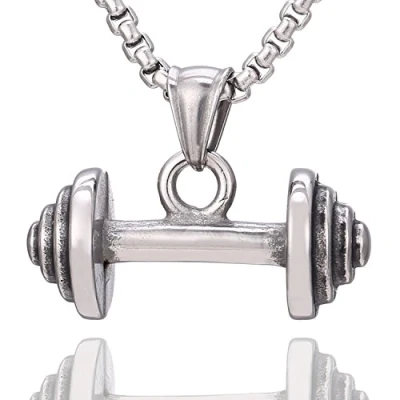 Image of DonDon Men&#039;s Necklace Stainless Steel 52 cm 20,5&quot; with Dumbbell Pendant Silver in a Velvet Pouch