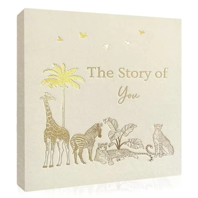 Image of Keepsake Baby Memory Book, Gender Neutral for Boy or Girl, Birth to Age 5, Luxury Gift Mum be, Milestone Record &amp; Photo Album, Linen Fabric Safari Journal Scrapbook New Parents, Shower
