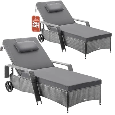Image of CASARIA® Sun Lounger Set of 2 with Wheels 7cm Comfy Cushions 90cm Wide, 193cm Long Loungers 165kg Load Capacity Weatherproof Garden Patio Furniture Anthracite Grey