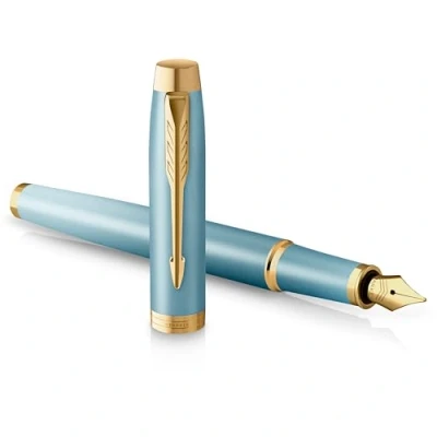 Image of Parker IM Writing Rituals Fountain Pen, Turquoise Green Finish with Gradient, Gold Trims, Fine Nib, Blue Ink, Gift Box