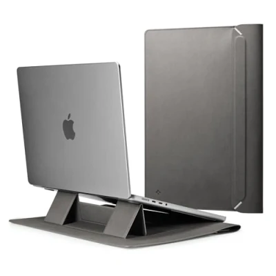 Image of Spigen Laptop Sleeve Valentinus S 13 14 Inch, Compatible With MacBook Pro, Built in Magnetic Flap Foldable Stand, Leather Case Pouch Bag CityGray