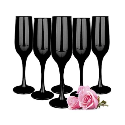 Image of Sendez 6 Black 200 ml Champagne Glasses, Dishwasher Safe Painted Glass Flutes for Prosecco