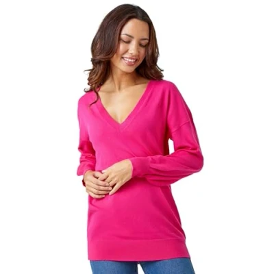 Image of Roman Originals V Neck Jumper for Women UK Ladies Boyfriend Fit Slouch Sweater Winter Autumn Textured Casual Flattering Knit Pullover Knitwear Daywear Lightweight Lounge Fuchsia Size 16
