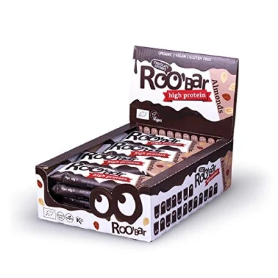 Image of Roobar Chocolate Covered High Protein Almond Bar 100% Organic Vegan Bar. Dairy &amp; Gluten Free, No Added Refined Sugar, 16 x 40g