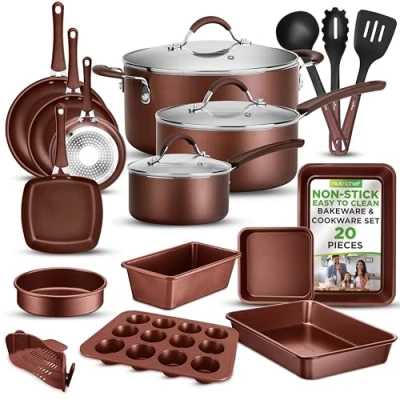 Image of NutriChef 20 Piece Professional Home Kitchen Cookware and Bakeware, Pots Pans Set Non Stick Kitchenware, Cool Touch Handles, Safe for Gas, Electric, Induction Cooktops, Easy Clean, Brown