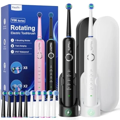 Image of 2 Pack Rotating Electric Toothbrush with 8 Brush Heads for Adults and Kids, 60 Day Battery Life, Wireless Wall Charging Station, 5 Modes Sonic Travel Case