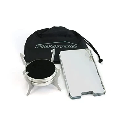 Image of Polymath Products Phantom Ultralight Stove and Windshield Set. Spill proof burner with folding stand. Uses alcohol gel fuel. For backpacking, camping, fishing hiking. UK Made.