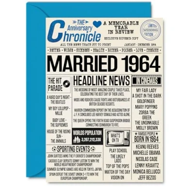 Image of 60th Anniversary Cards for Men Women Married 1964 Newspaper Happy 60 Wedding Card Husband Wife Grandma Grandad Nan Vintage Retro 1964, A5 Greeting