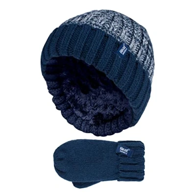 Image of HEAT HOLDERS Kids Boys Winter Knitted Thermal Fleece Lined Cuffed Beanie Hat and Mittens Set (3 6 Years, NTO2P6)