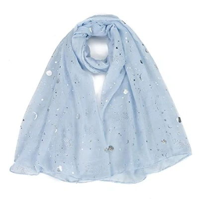 Image of London Scarfs Silver Gold Glitters Shimmer Foil Stars Women Scarf Shawl Wrap (Baby Blue)