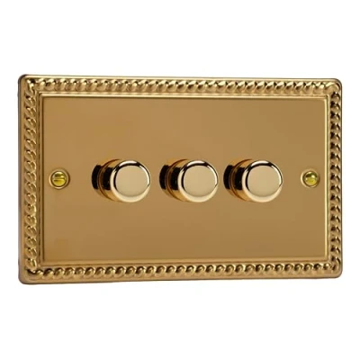 Image of Varilight Georgian Brass, LED Dimmer Switch V Pro Series, 3 Gang (Double), 1 or 2 Way, 300 Watt (Trailing Edge)