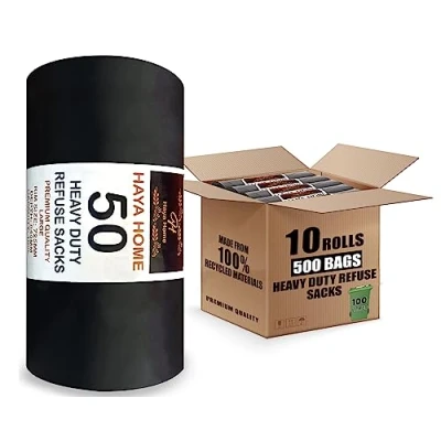 Image of Haya Home 500 75L Black Plastic Bin Bags Heavy Duty Liners, Refuse Sacks Pack of 50 x 10 Waste Dustbin roll for Kitchen Office DIY Garden Made from 100% Recycled Material