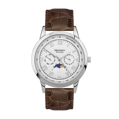 Image of Sekonda Armstong Classic Men&#039;s 40mm Quartz Watch in Silver with Analogue Day/Date Display, and Brown Leather Strap 30146