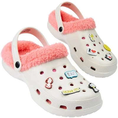 Image of Peanuts Snoopy Clogs Womens Teens Winter Fleece Lining &amp; Removable Charms Warm Slip On Garden Shoes with Strap (Cream/Pink, 4/5 UK)