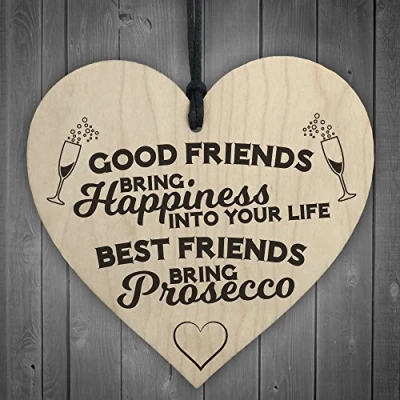 Image of RED OCEAN Best Friends Bring Prosecco Wooden Hanging Heart Plaque Novelty Alcohol Sign