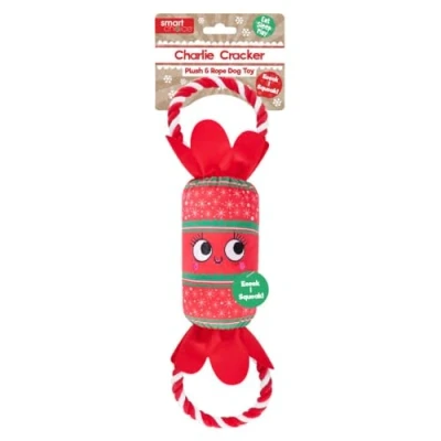 Image of YöL Red Plush Christmas Cracker Pet Dog Puppy Toy Squeaker Chew Rope Tug of War Festive Stimulating Interactive Play