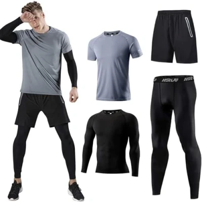 Image of Holure Men&#039;s (Pack of 4) Athletic Shirt Compression Pants Shorts Gym Suits Gray S