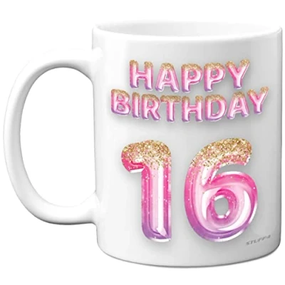 Image of 16th Birthday Gift for Girls Pink Purple Glitter Balloons Happy Mug Present 16 Year Old Daughter Sister Granddaughter Cousin Friend, 11oz Ceramic Dishwasher Safe Coffee Mugs Cup