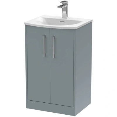 Image of Hudson Reed JNU2301G Juno Modern Bathroom Floor Standing 2 Door Vanity with Curved Ceramic Basin, 500mm, Matt Coastal Grey