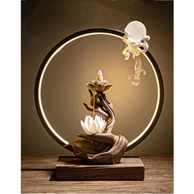 Image of Ceramic Lotus Incense Burner Waterfall Chinese Backflow Sticks Holder with LED Light Cones for Home Office Decor