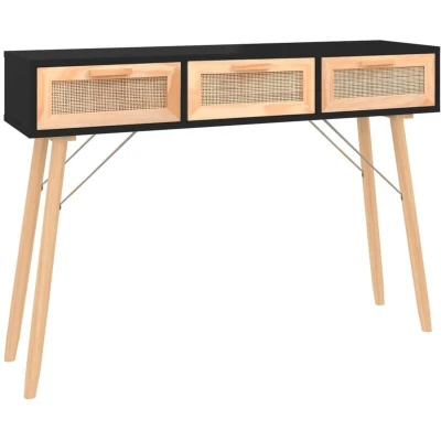 Image of vidaXL Console Table Black 105x30x75 cm Solid Wood Pine&amp;Natural Rattan