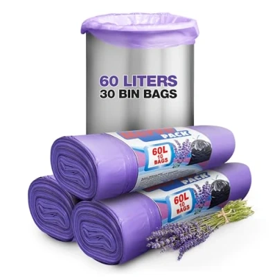 Image of 60L Lavender Scented Bin bags, Waste Set 3 Rolls Counts 30 Liners with Drawstrings Trash Bags for Kitchen, Office, and Bathroom