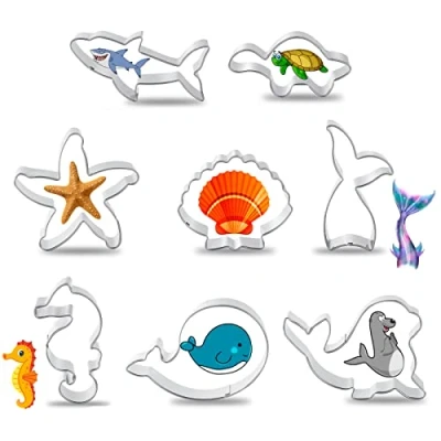 Image of FACATH Ocean Creature Cookie Cutter Set, 8 Pcs Baking Mould for Kids Party, Biscuit Stainless Steel DIY Fondant Dough Sugarcraft Pastry Cake Decoration