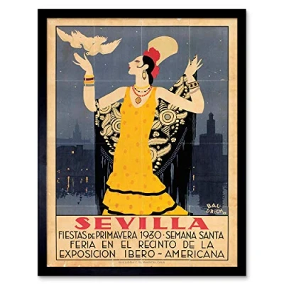 Image of Wee Blue Coo Travel Tourism Seville Spain American Festival Woman Bird Art Print Framed Poster Wall Decor 12X16 Inch