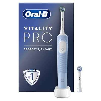 Image of Oral B Vitality Pro Electric Toothbrushes Adults, 1 Handle, 2 Toothbrush Heads, 3 Brushing Modes Including Sensitive Plus, Pin UK Plug, Blue