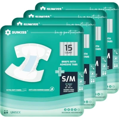 Image of SUNKISS TrustPlus Adult Diapers with Maximum Absorbency, Unisex Disposable Incontinence Briefs Tabs for Men and Women, Odor Control, Small/Medium, 60 Count (4 Packs of 15)