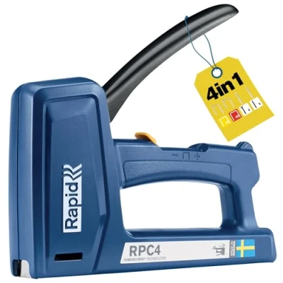 Image of Heavy Duty Staple Gun for Wood 4 in 1 Wall Stapler Upholstery DIY, and Fabric Staples, Brads &amp; Pins Made Sweden Up to 50% Easier Squeeze Rapid RPC4