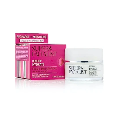 Image of Super Facialist Rosehip Peaceful Skin Night Cream Moisturiser to Replenish &amp; Rejuvenate with Hyaluronic Acid Cucumber Oil, Gentle Face Care, Vegan Friendly, 50ml