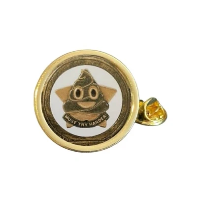 Image of Must Try Harder Poo Award (C) Gold Plated Domed Lapel Pin Badge in Bag