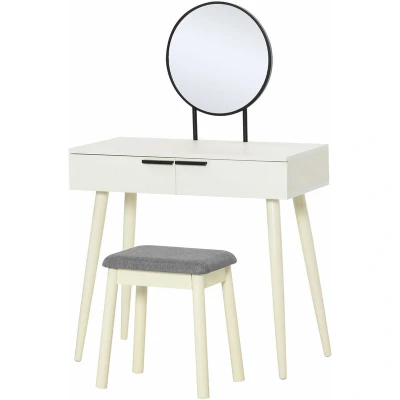 Image of HOMCOM Dressing Table with Mirror and Stool, Vanity Makeup Desk Set 2 Drawers, Cushioned Stool Make up Organizer for Bedroom Room, White