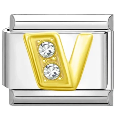 Image of Quiges 9mm Italian Style Charm Link Module Stainless Steel Zirconia Gold Alphabet Letter V for Bracelets