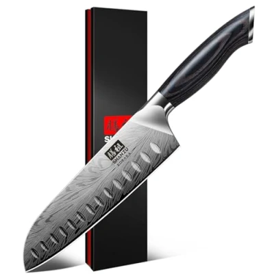 Image of SHAN ZU Kitchen Santoku Knife in Powder Steel, Japanese 20cm Professional Chef High Carbon Carving Knife, Ultra Sharp Knives Utility with Ergonomic Pakkawood Handle
