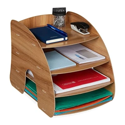 Image of Relaxdays Filing Cabinet, 4 Compartments, Letter Tray, Office Document Organiser, A4 Format, 27 x 25.5 34.5 cm, Brown, Fibreboard