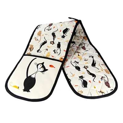 Image of SPOTTED DOG GIFT COMPANY Double Oven Gloves, Heat Resistant Mitt, Black Cat Themed Kitchen Mitts, Cute Cats Cooking &amp; Baking Gifts for Lovers Women Men