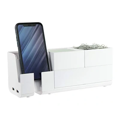 Image of Bostitch Office Konnect Desk Organizer and Charging Station, 2 USB Ports &amp; Plugs, Charges Phones Tablets, Accessory Tray, 4 Piece Design, White