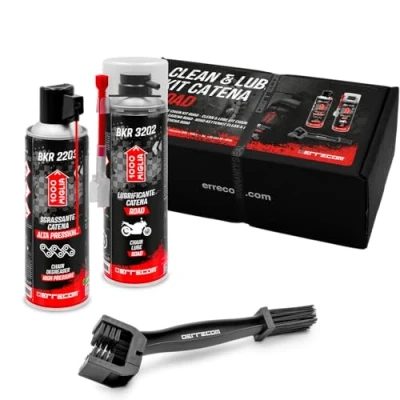 Image of ERRECOM 1000 Miglia Clean&amp;Lube Road Motorcycle Chain Kit; includes High Pressure Degreaser Spray 500ml+Off Lubricant 500ml+Huggie System and 90Connector+Brush+Gloves