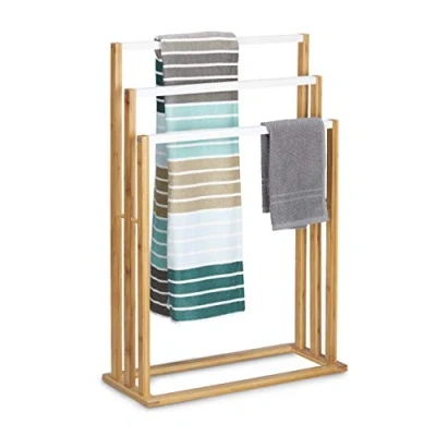 Image of Relaxdays Bamboo Stand Size: Approx 82 x 54 24 cm Ascending Holder w/ 3 Rails as Elegant Bathroom Accessory Freestanding Rack for Bath and Hand Towels Style, Natural Brown/White,