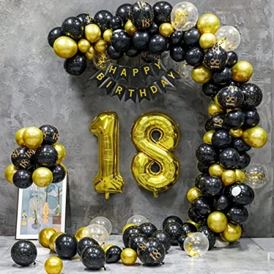 Image of 18th Birthday Balloons Decorations for Girls Boys,Black Gold Arch Kit Party Decorations, 18 Number Balloon,Foil Confetti Balloon,Happy Banner Garland Decor