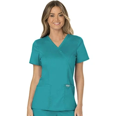 Image of CHEROKEE Women Woman Scrub Top Revolution Medical Clothing Mock Wrap with Pockets WWE610 Teal Blue 3XL