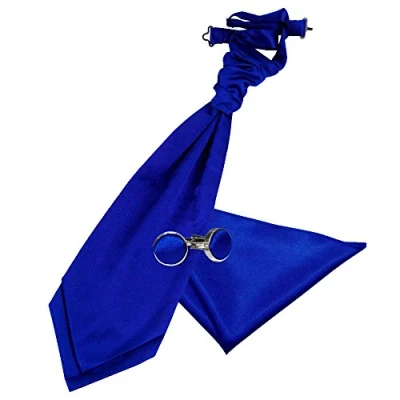 Image of DQT Men Plain Satin Wedding Scrunchie Pre Tied Cravat, Pocket Square &amp; Cufflinks Royal Blue