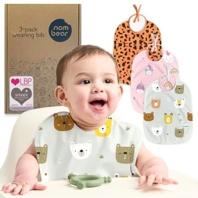 Image of Nombear ® Sleeveless Baby Weaning Bib Waterproof Bibs 6 12 Months for Led Weaning, Feeding Bibs, Toddler Bib, Food Apron, 3 Pack (Bear, Unicorn, Animal)