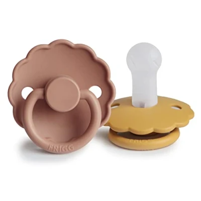 Image of FRIGG Daisy Silicone Pacifier Pack of 2 Soother Dummy BPA Free Made in Denmark Symmetrical Cherry Shaped Nipple (Honey Gold/Rose Gold, Size (6 18 Months))