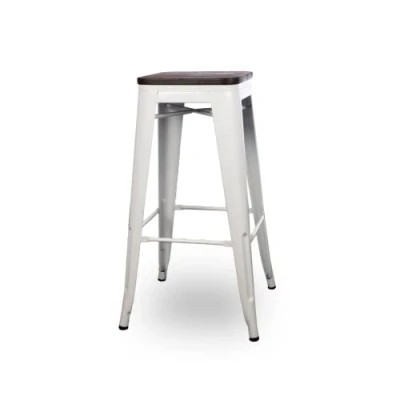Image of Urban Loft Metal Bar Stool with Wooden Seat White Set of 2 Vintage Home Bar/Kitchen Seating