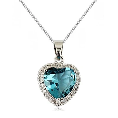 Image of Crystalline Azuria Women 18ct White Gold Plated Blue Simulated Aquamarine Zirconia Crystals Heart Pendant Necklace 17.7 inches