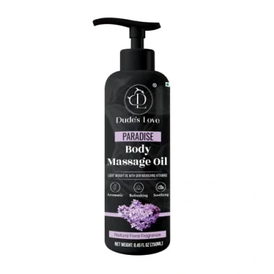 Image of Dude&#039;s Love Lavender Floral Edible Body Massage Oil Relaxing, Calming &amp; No Stain Non Sticky Aromatherapy With Orange Blossom Essential 250 ML