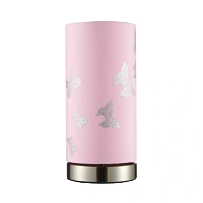 Image of LITECRAFT Glow Butterfly Table Lamp with Pink Cylinder Shade Satin Chrome